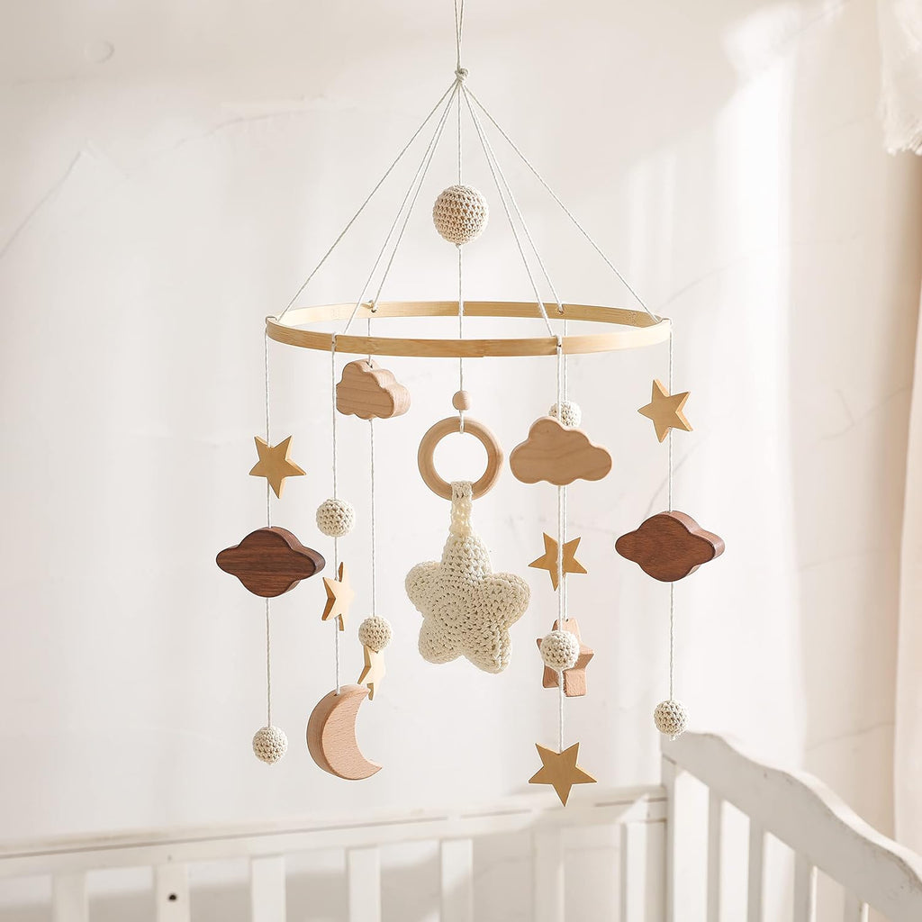 Baby Crib Mobile for Boys Girls| Boho Nursery Mobile| Gender Neutral Hand-Crocheted Mobile| Ceiling Mobile - Stars, Clouds, Moon