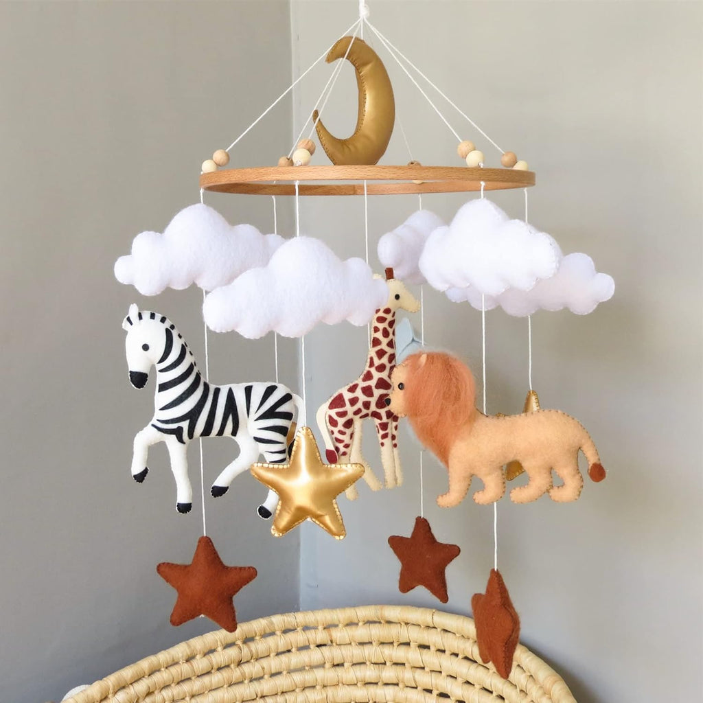 Safari Mobile for Crib Neutral Baby Mobile Africa Animal Mobile Safari Baby Nursery Room Decor(Elephant, Lion, Zebra, Giraffe) Handmade